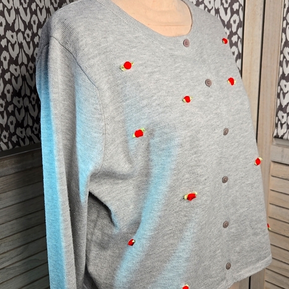 Gray Cardigan Sweater with Red Ribbon Rose Accents - Picture 4 of 13